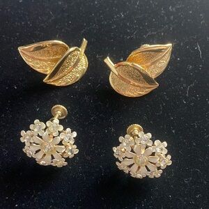 2 Pairs of Clip On Earrings Gold Leaves & White Flowers